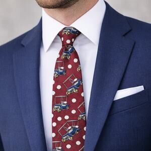Barry Wells Golf Tie Red Silk Golf Cart Ball Print Made USA